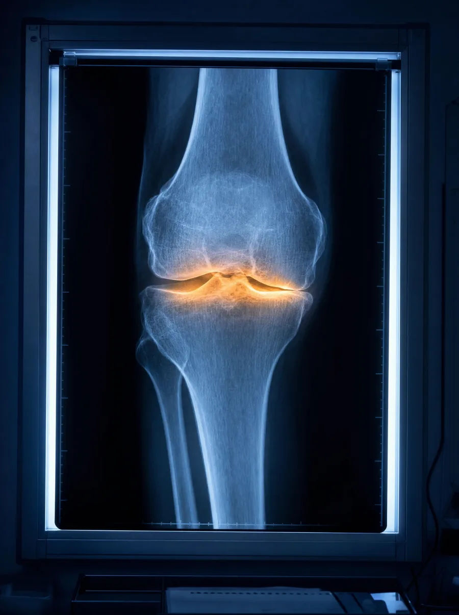 Knee X-ray glowing on a radiologist's lightbox